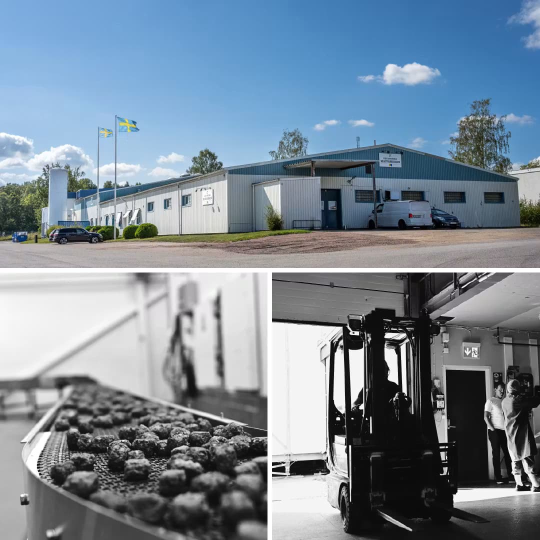 Den Svenska Matfabrikens anläggning i Mantorp med svenska flaggor, samt bilder från produktion och lager